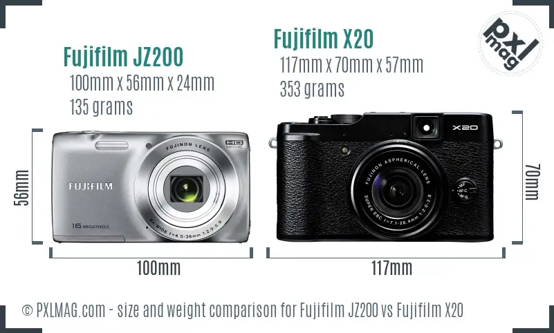 Fujifilm JZ200 vs Fujifilm X20 size comparison