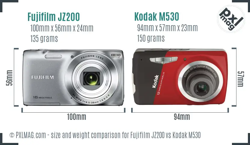 Fujifilm JZ200 vs Kodak M530 size comparison