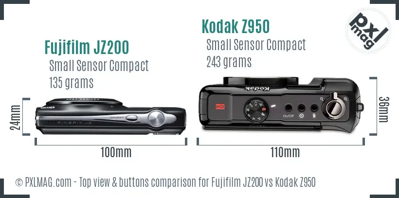 Fujifilm JZ200 vs Kodak Z950 top view buttons comparison Fujifilm JZ200 vs Kodak Z950 top view buttons comparison
