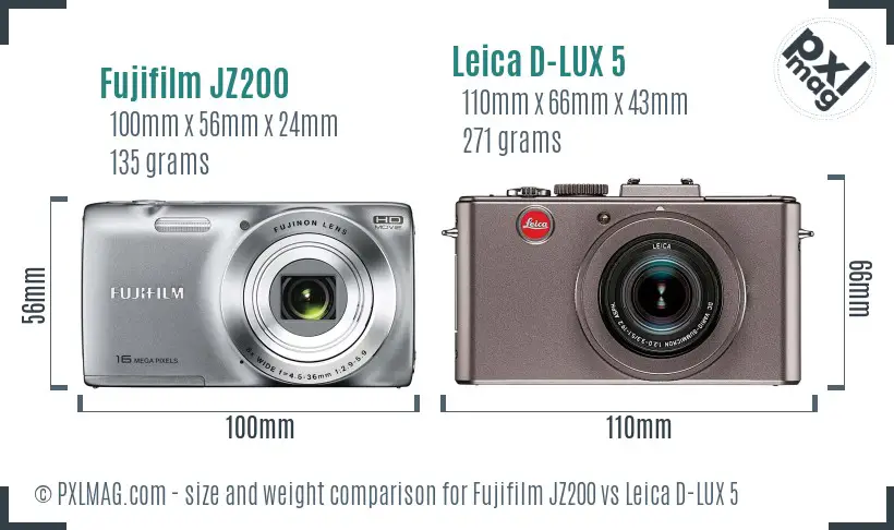 Fujifilm JZ200 vs Leica D-LUX 5 size comparison
