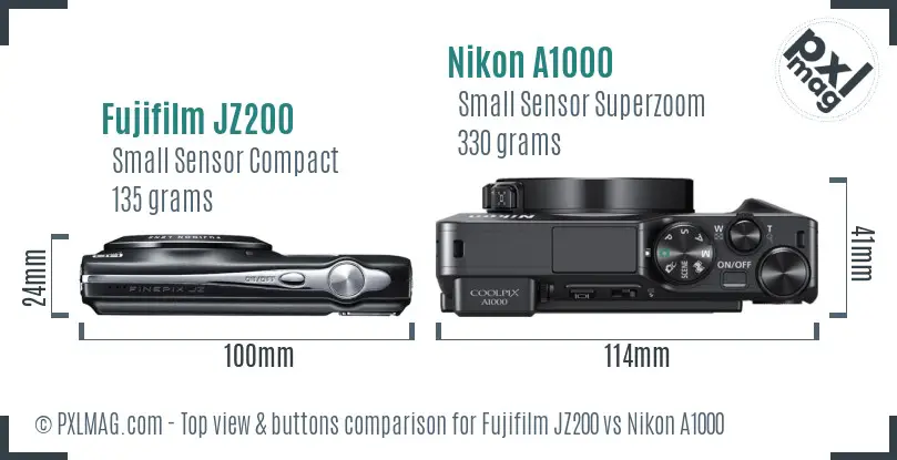 Fujifilm JZ200 vs Nikon A1000 top view buttons comparison Fujifilm JZ200 vs Nikon A1000 top view buttons comparison