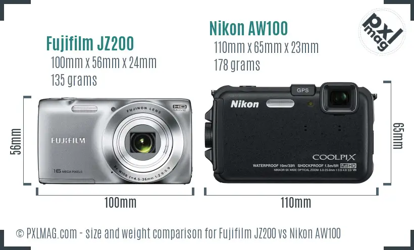 Fujifilm JZ200 vs Nikon AW100 size comparison Fujifilm JZ200 vs Nikon AW100 size comparison