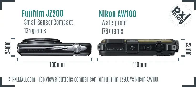 Fujifilm JZ200 vs Nikon AW100 top view buttons comparison Fujifilm JZ200 vs Nikon AW100 top view buttons comparison