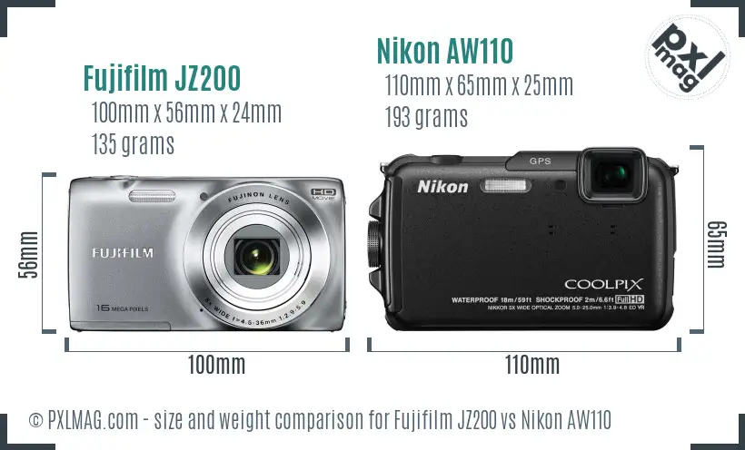 Fujifilm JZ200 vs Nikon AW110 size comparison
