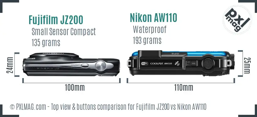 Fujifilm JZ200 vs Nikon AW110 top view buttons comparison