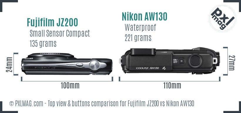 Fujifilm JZ200 vs Nikon AW130 top view buttons comparison