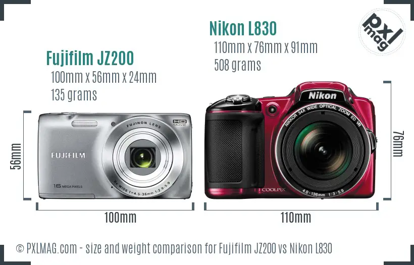 Fujifilm JZ200 vs Nikon L830 size comparison