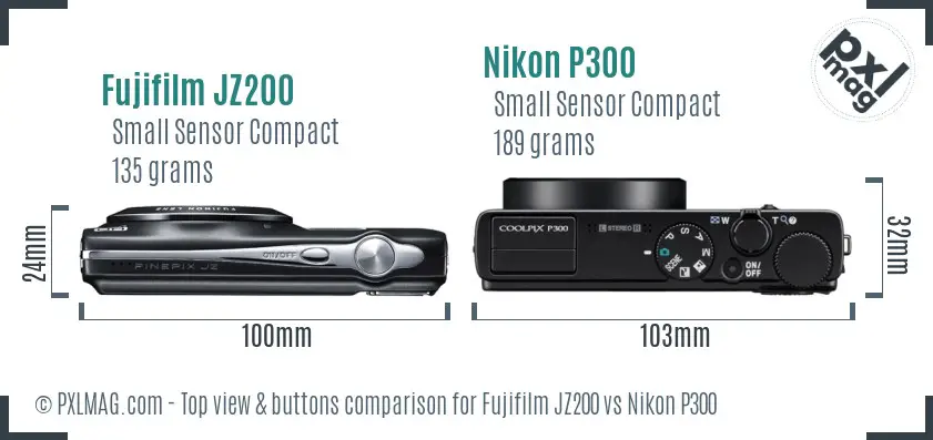 Fujifilm JZ200 vs Nikon P300 top view buttons comparison Fujifilm JZ200 vs Nikon P300 top view buttons comparison
