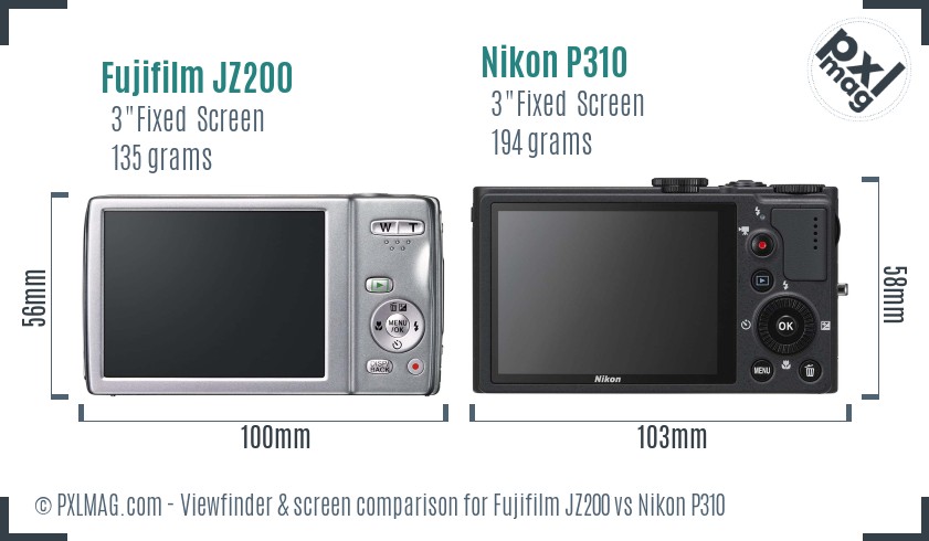 Fujifilm JZ200 vs Nikon P310 Screen and Viewfinder comparison