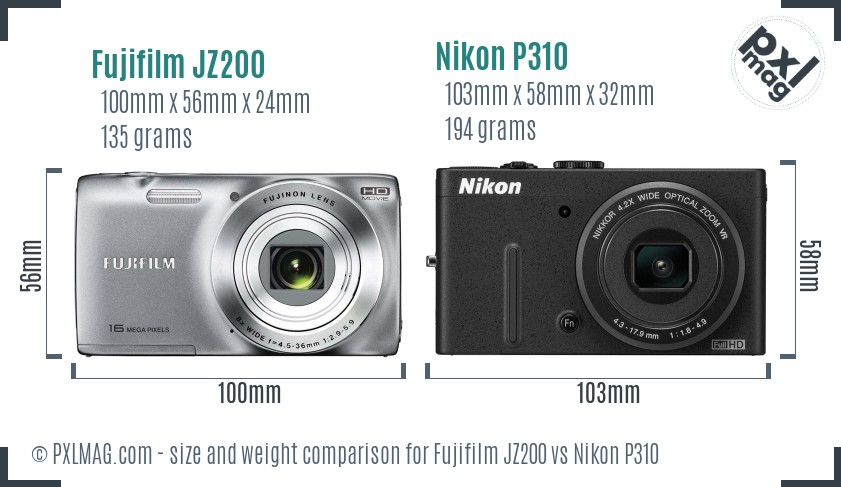 Fujifilm JZ200 vs Nikon P310 size comparison