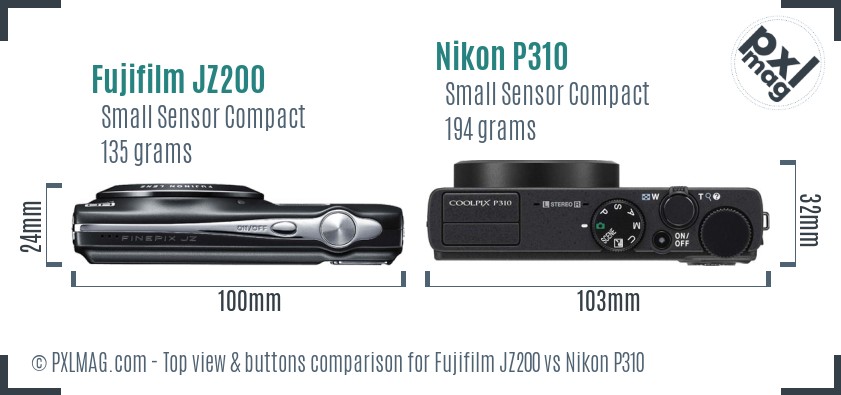 Fujifilm JZ200 vs Nikon P310 top view buttons comparison