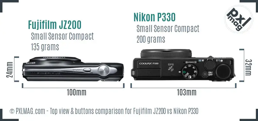 Fujifilm JZ200 vs Nikon P330 top view buttons comparison Fujifilm JZ200 vs Nikon P330 top view buttons comparison