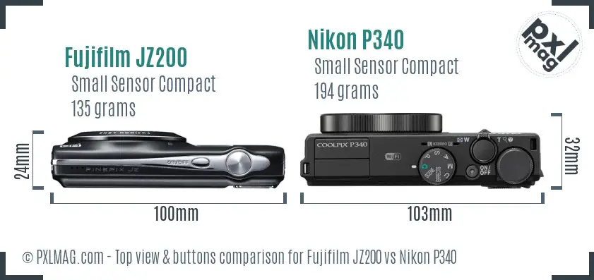 Fujifilm JZ200 vs Nikon P340 top view buttons comparison Fujifilm JZ200 vs Nikon P340 top view buttons comparison