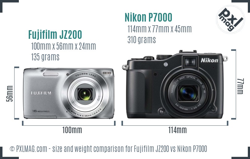Fujifilm JZ200 vs Nikon P7000 size comparison