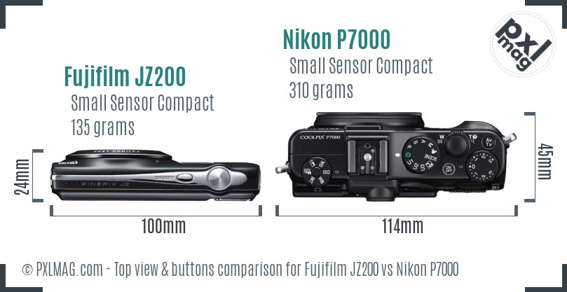 Fujifilm JZ200 vs Nikon P7000 top view buttons comparison