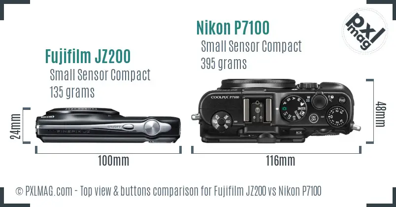 Fujifilm JZ200 vs Nikon P7100 top view buttons comparison Fujifilm JZ200 vs Nikon P7100 top view buttons comparison