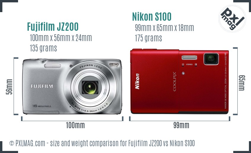 Fujifilm JZ200 vs Nikon S100 size comparison