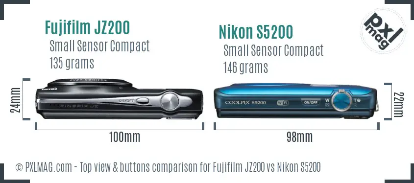 Fujifilm JZ200 vs Nikon S5200 top view buttons comparison