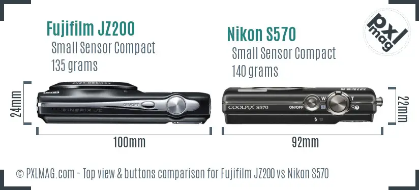 Fujifilm JZ200 vs Nikon S570 top view buttons comparison Fujifilm JZ200 vs Nikon S570 top view buttons comparison