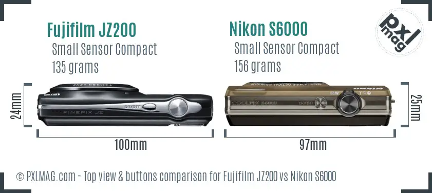 Fujifilm JZ200 vs Nikon S6000 top view buttons comparison Fujifilm JZ200 vs Nikon S6000 top view buttons comparison