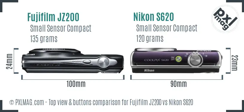 Fujifilm JZ200 vs Nikon S620 top view buttons comparison