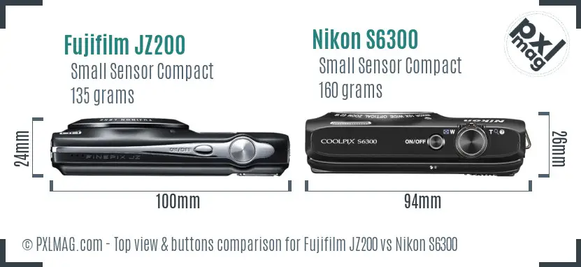 Fujifilm JZ200 vs Nikon S6300 top view buttons comparison Fujifilm JZ200 vs Nikon S6300 top view buttons comparison