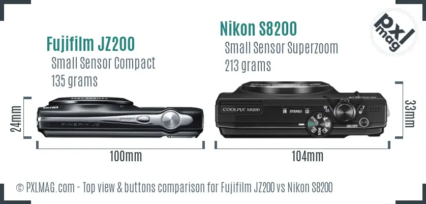 Fujifilm JZ200 vs Nikon S8200 top view buttons comparison