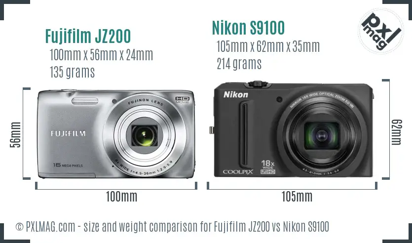 Fujifilm JZ200 vs Nikon S9100 size comparison