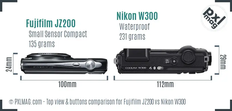 Fujifilm JZ200 vs Nikon W300 top view buttons comparison