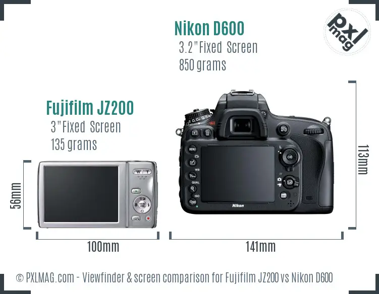 Fujifilm JZ200 vs Nikon D600 Screen and Viewfinder comparison