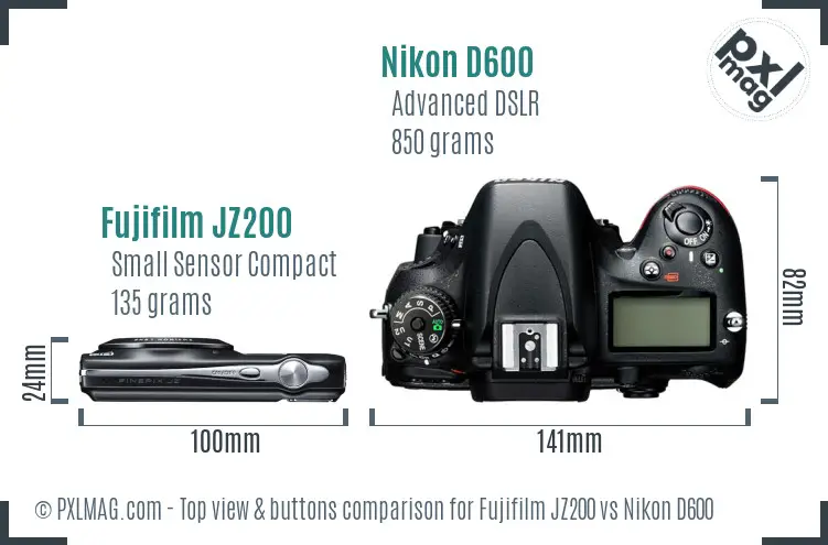 Fujifilm JZ200 vs Nikon D600 top view buttons comparison
