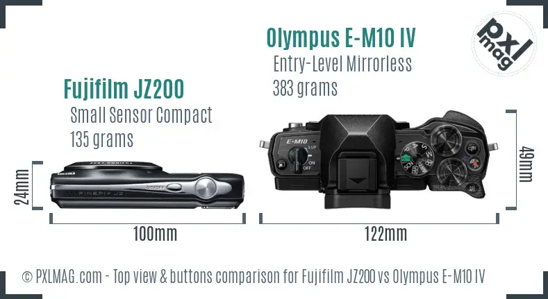 Fujifilm JZ200 vs Olympus E-M10 IV top view buttons comparison