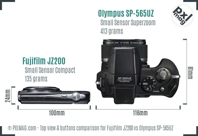 Fujifilm JZ200 vs Olympus SP-565UZ top view buttons comparison Fujifilm JZ200 vs Olympus SP-565UZ top view buttons comparison
