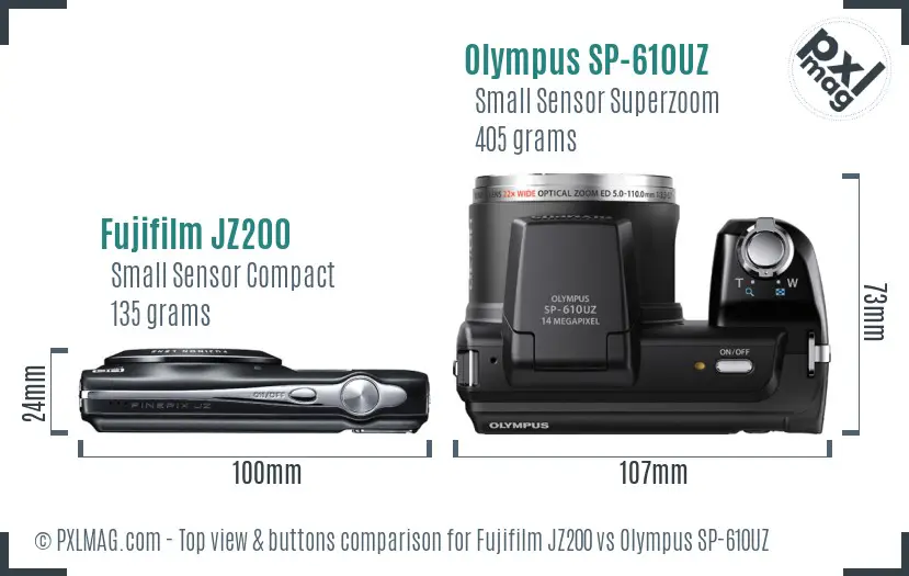 Fujifilm JZ200 vs Olympus SP-610UZ top view buttons comparison Fujifilm JZ200 vs Olympus SP-610UZ top view buttons comparison