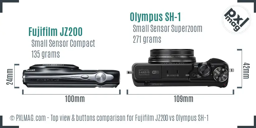 Fujifilm JZ200 vs Olympus SH-1 top view buttons comparison