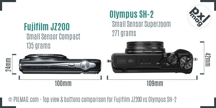 Fujifilm JZ200 vs Olympus SH-2 top view buttons comparison Fujifilm JZ200 vs Olympus SH-2 top view buttons comparison
