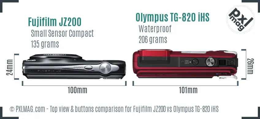 Fujifilm JZ200 vs Olympus TG-820 iHS top view buttons comparison Fujifilm JZ200 vs Olympus TG-820 iHS top view buttons comparison