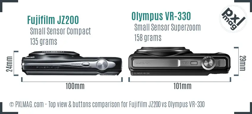 Fujifilm JZ200 vs Olympus VR-330 top view buttons comparison Fujifilm JZ200 vs Olympus VR-330 top view buttons comparison