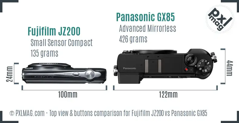 Fujifilm JZ200 vs Panasonic GX85 top view buttons comparison