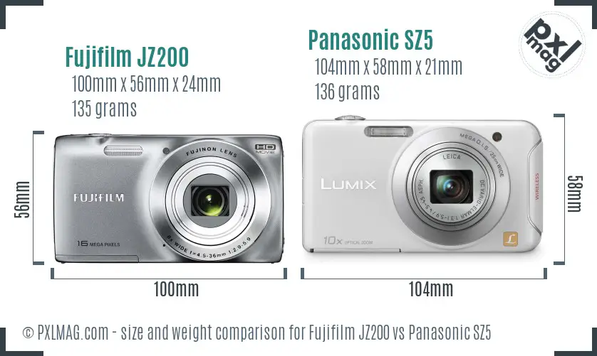 Fujifilm JZ200 vs Panasonic SZ5 size comparison