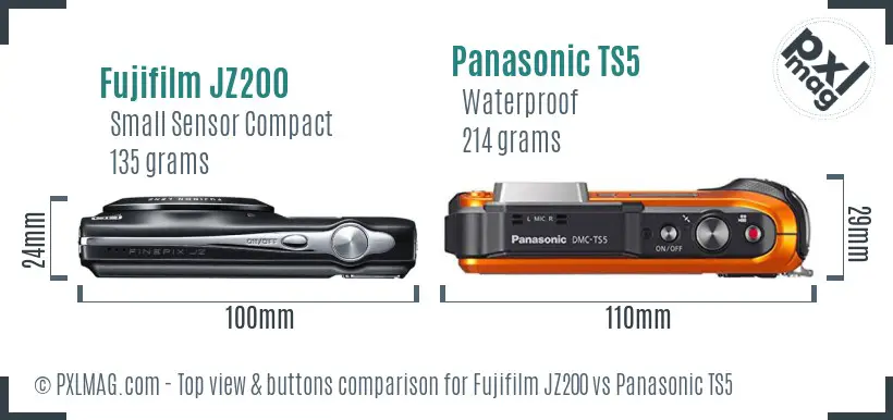 Fujifilm JZ200 vs Panasonic TS5 top view buttons comparison Fujifilm JZ200 vs Panasonic TS5 top view buttons comparison