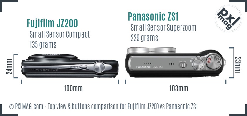 Fujifilm JZ200 vs Panasonic ZS1 top view buttons comparison