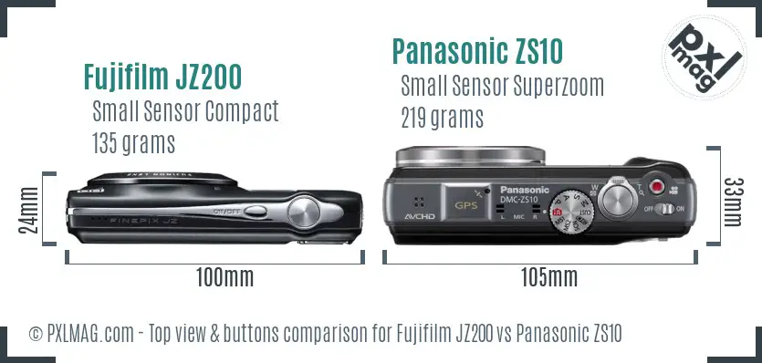 Fujifilm JZ200 vs Panasonic ZS10 top view buttons comparison Fujifilm JZ200 vs Panasonic ZS10 top view buttons comparison