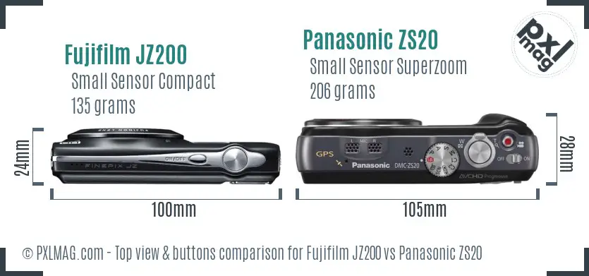 Fujifilm JZ200 vs Panasonic ZS20 top view buttons comparison Fujifilm JZ200 vs Panasonic ZS20 top view buttons comparison