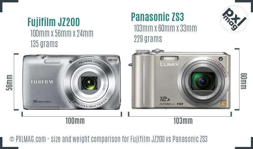 Fujifilm JZ200 vs Panasonic ZS3 size comparison