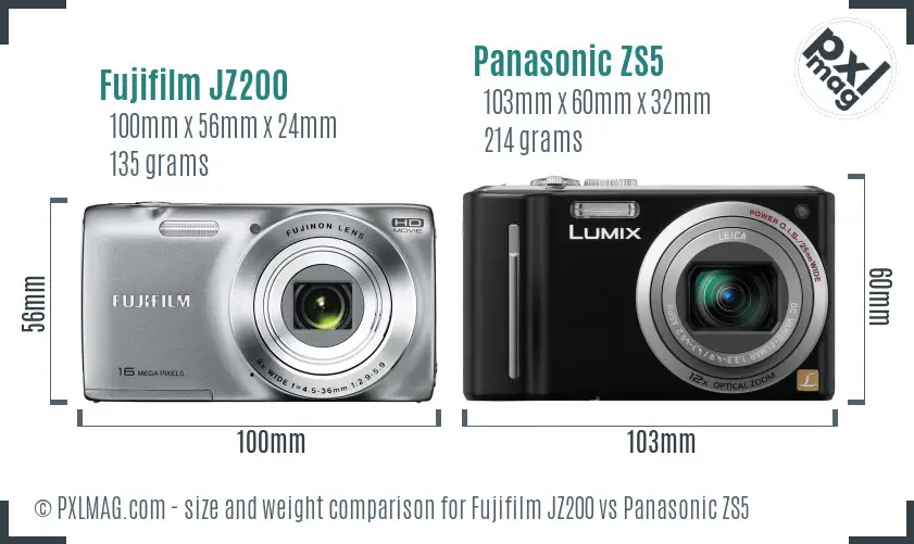 Fujifilm JZ200 vs Panasonic ZS5 size comparison