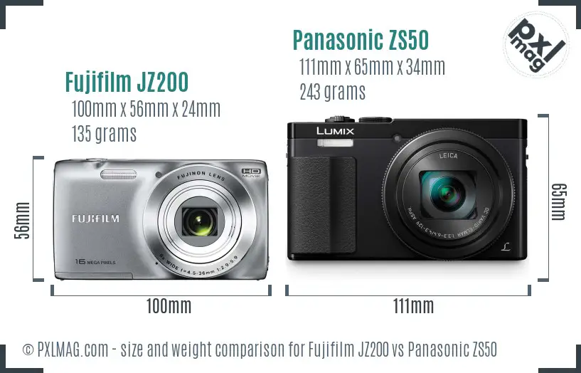 Fujifilm JZ200 vs Panasonic ZS50 size comparison