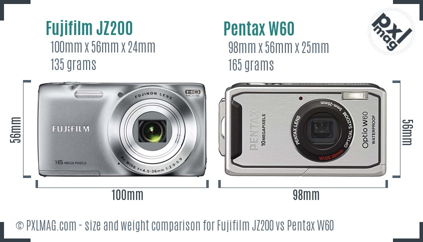 Fujifilm JZ200 vs Pentax W60 size comparison