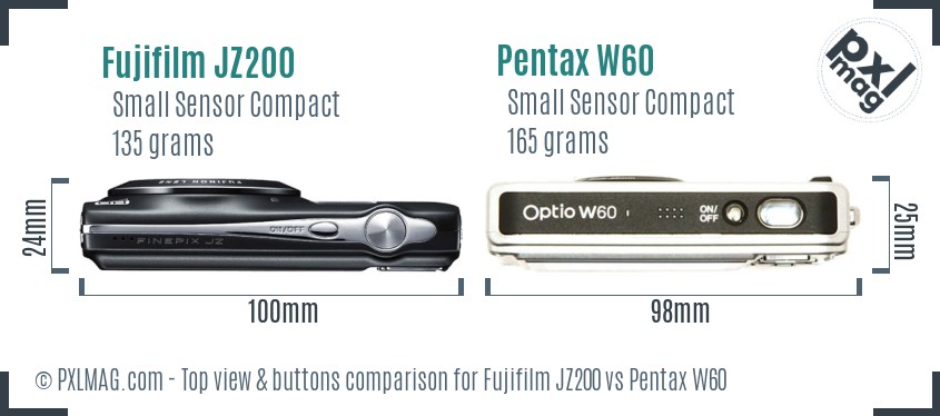 Fujifilm JZ200 vs Pentax W60 top view buttons comparison