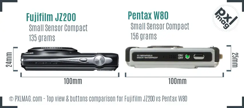 Fujifilm JZ200 vs Pentax W80 top view buttons comparison